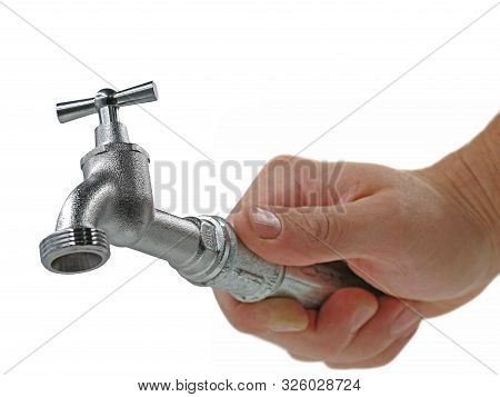 Male Hand Holds Faucet Isolated On White Background, Concept Of Hardworking Craftsman Doing Good Job