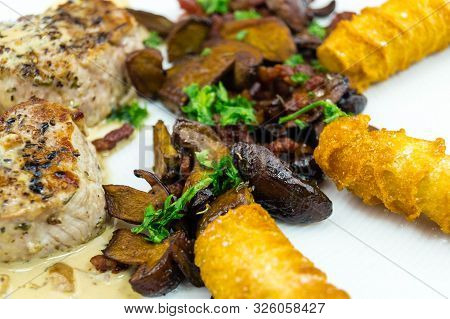 Roasted Tenderloin Cut With Fresh Mushrooms Of The Forest