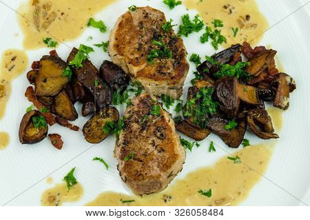 Roasted Tenderloin Cut With Fresh Mushrooms Of The Forest