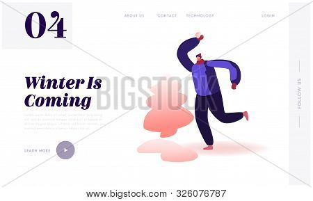 Wintertime Fun Active Games Outdoors Website Landing Page. Happy Young Man Throwing Snow Ball Fighti