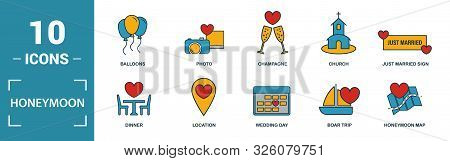 Honeymoon Icon Set. Include Creative Elements Travel, Just Married, Dinner, Boar Trip, Cake Icons. C