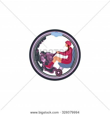 Woman With A Helmet Riding On A Monowheel. Vector Illustration In A Flat Cartoon Style.