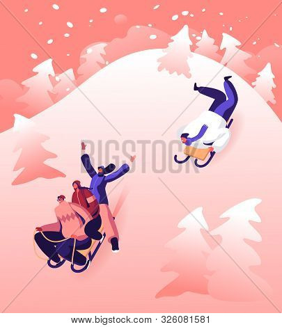 Group Of Playful Young People Having Outdoors Fun Riding Sleds In Public City Park Or Mountain Resor
