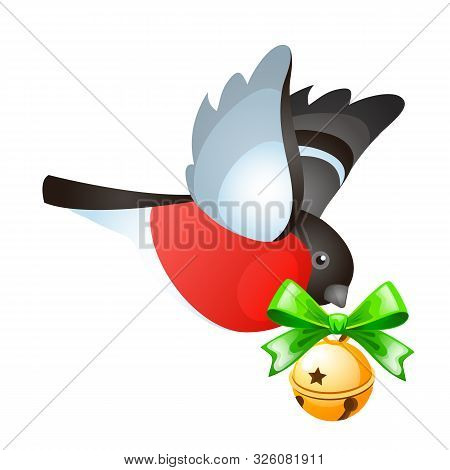 Flying Bullfinch Is Bringing Golden Jingle Bells Isolated On White Background. Sketch Of Christmas F