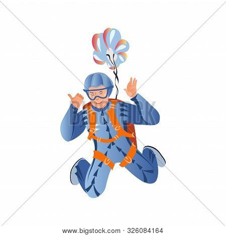Skydiver In The Blue Suit Flying With The Blue Parachute Showing Ok Sign. Vector Illustration In A F