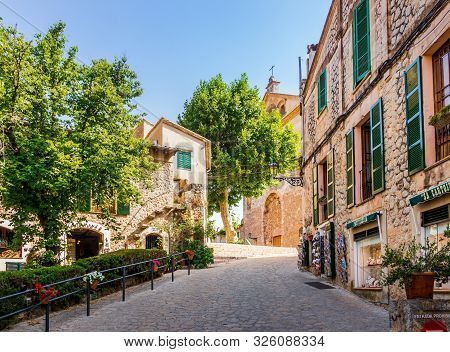 Valldemossa Mallorca Spain July 2015 Beautiful Narrow Street In Old Town With Traditional Flower Dec