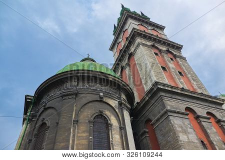 Lviv, Ua 05-08-2019 Dormition Church Korniakt Tower, Sky Background