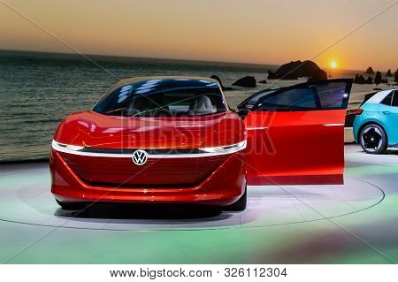 Frankfurt - Sep 15, 2019: Red Volkswagen Id Vizzion Or Vw I.d. Vizzion. Elegant Electric Autonomous 