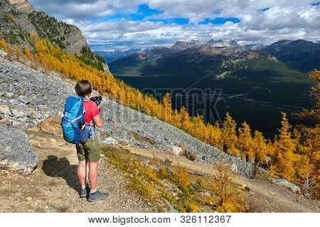 Woman On A Mountain Top Looking At Scenic View Of Mountains And Yellow Larch Trees From Above. Fairv