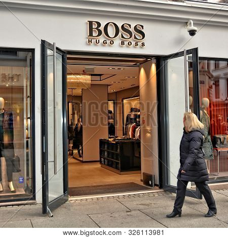 Exterior Of Hugo Boss Luxury Store In Oslo. The Fashion Brand Has Made The History Of Elegance For M