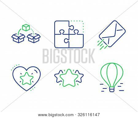 Ranking Star, E-mail And Puzzle Line Icons Set. Parcel Shipping, Star And Air Balloon Signs. Love Ra
