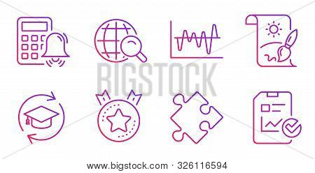 Stock Analysis, Internet Search And Creative Painting Line Icons Set. Calculator Alarm, Strategy And
