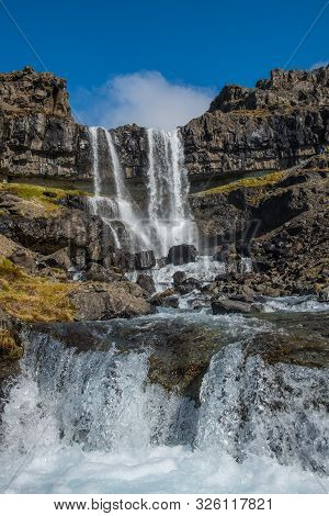 Bergarfoss Waterfall In Berga River In Hornafjordur Iceland