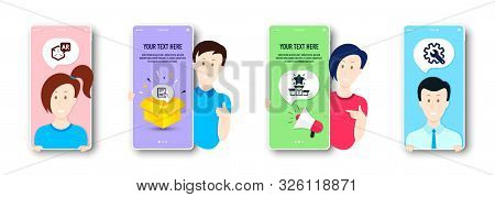 Parcel Invoice, Winner Podium And Augmented Reality Icons Simple Set. People On Phone Screen. Custom