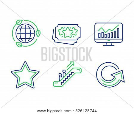 Statistics, Eco Energy And Loyalty Points Line Icons Set. Escalator, Star And Reload Signs. Financia