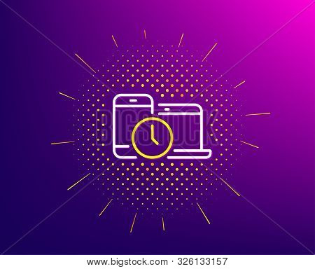 Time Management Line Icon. Halftone Pattern. Clock Sign. Mobile Devices Symbol. Gradient Background.