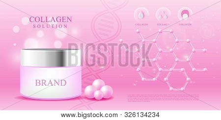 Cosmetic 3d Package Pink Collagen Serum Molecule Background  Luxury Hyaluronic Skin Care Vector Illu