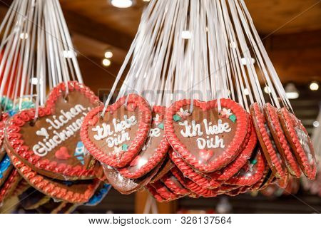 Bunch of traditional Lebkuchenherz gingerbread hearts with 