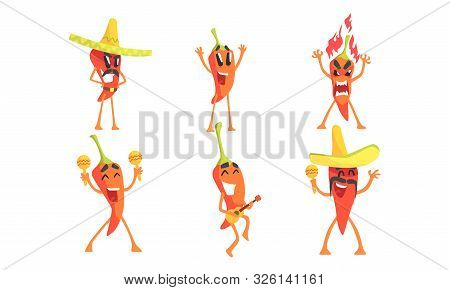 Set Of Humanized Red Hot Chili Peppers. Vector Illustration.