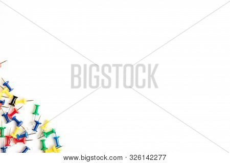 Colorful Push Pins Isolated On White Background In The Form Of A Frame