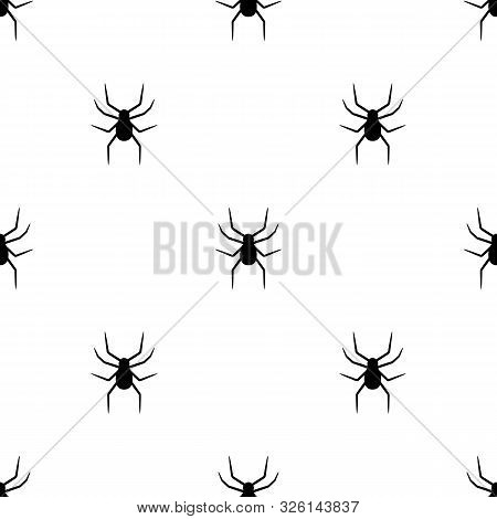 Seamless Pattern With Black Silhouette Of Spider On White Background. Halloween Decorative Texture. 