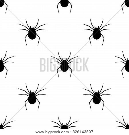 Seamless Pattern With Black Silhouette Of Spider On White Background. Halloween Decorative Texture. 