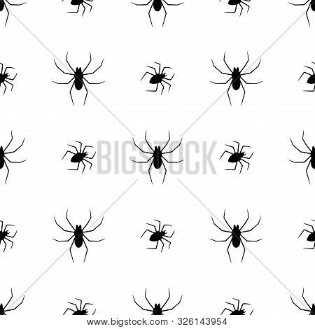 Seamless Pattern With Black Silhouette Of Spider On White Background. Halloween Decorative Texture. 