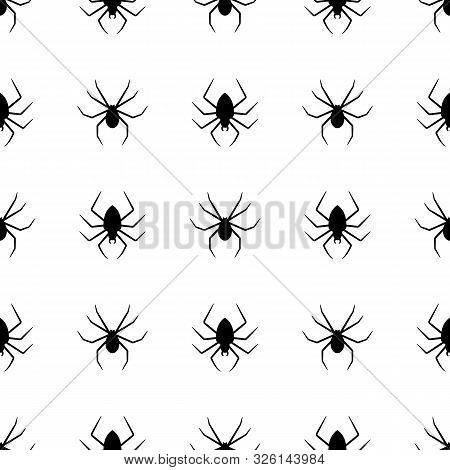 Seamless Pattern With Black Silhouette Of Spider On White Background. Halloween Decorative Texture. 