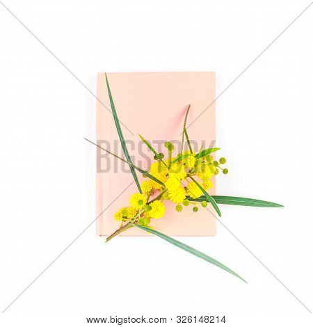 Acacia Pycnantha Or Mimosa Twig With Yellow Fluffy Flowers On Pink Notebook Isolated On White Backgr
