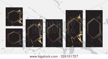 Black Marble Luxury Background For Invitation Cards Collection With Gold Line Frame Text Message Vec