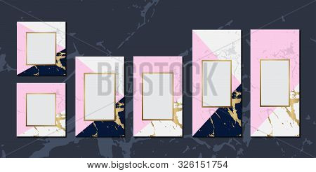 Luxury Invitation Cards Blue Pink Marble Background Collection With Gold Frame For Text Message Cove