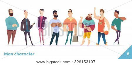 People Character Design Collection. Males Or Manegers Stand Together. Young Professional Males Poses