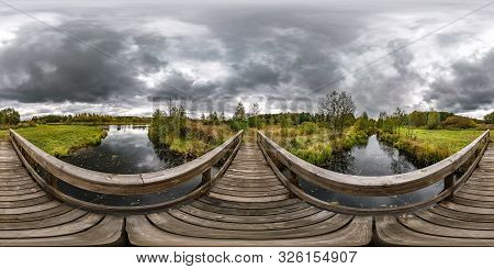 Full Seamless Spherical Hdri Panorama 360 Degrees  Angle View On Wooden Bridge Over The River Canal 