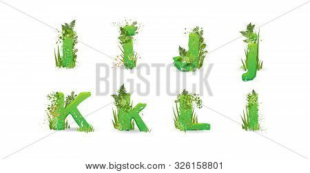 Green Leaves Font. Vector Illustration. Stylish Eco Alphabet From Colorful Tropical Leaves, Bushes, 