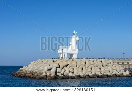 Jeju, South Korea - November 20, 2018: Horse Shaped Lighthouses At Iho Tewoo Beach