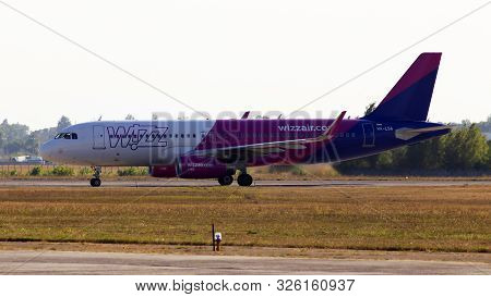 Borispol, Ukraine - September 10, 2019: Ha-lsa Wizz Air Airbus A320-200 Aircraft In The Sunset Rays 