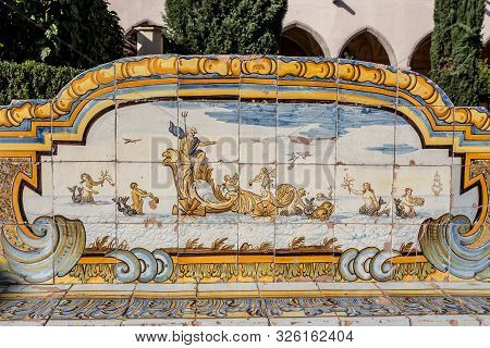 Majolica Tiles Of Cloister Of The Clarisses At Santa Chiara Monastery In Naples, Campania, Italy.