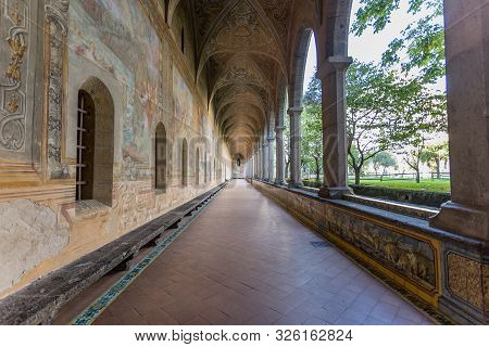 Decorated Walls In The Corridor Of Cloister Of The Clarisses In Santa Chiara Monastery, Naples, Camp