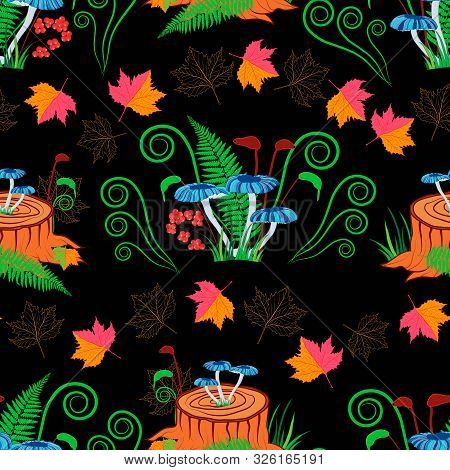 Vector Illustration.magical Blue Mushroom On Stump, Moss, Fern And Autumn Leaves On Black Background