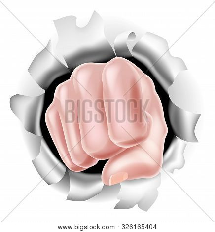 Hand In Fist Punching Through A White Background