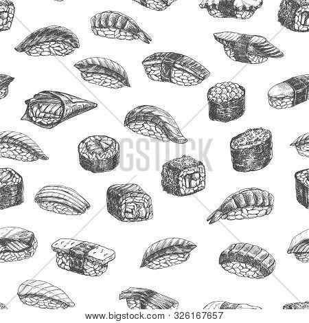 Seamless Pattern Sushi Rolls, Hand Drawn Monochrome Background Of Japanese Food For Seafood Shop Des