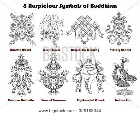 Design Set With Eight Auspicious Symbols Of Buddhism Isolated On White. Religious Hand Drawn Vector 