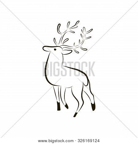 Isolated Deer Silhouette. Deer On White Background Close-up. Hand Drawing Character Deer. Symbol Of 