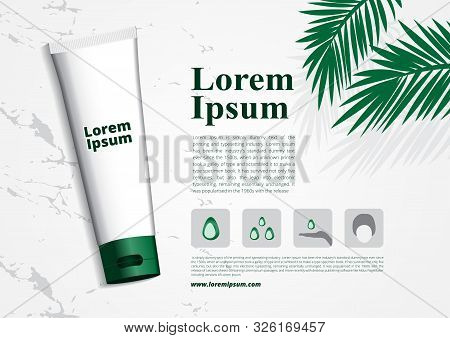 Cosmetic 3d Package White Marble Background Organic Green Leaf With Icon Foam Wash Vector Design Tem