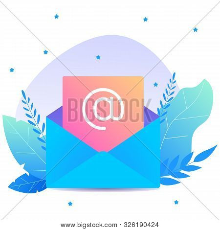 Web Banner With Blue Email And Letter Decorated By Leafs And Stars.