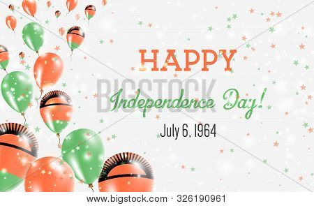Malawi Independence Day Greeting Card. Flying Balloons In Malawi National Colors. Happy Independence