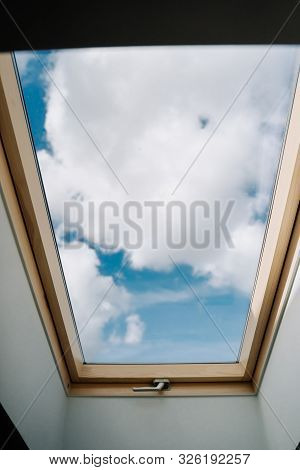 Roof Skylight Window And Blue Sky With Clouds Copy Space Photography. Attic Floor Ceiling Modern Roo