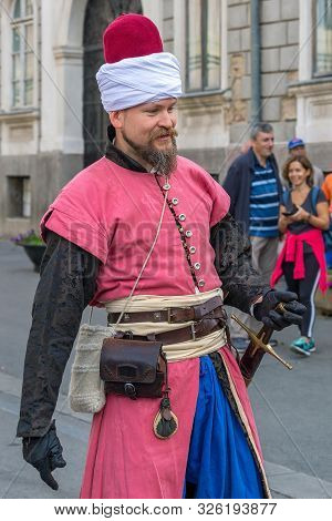 Timisoara, Romania - September 28, 2019: Man Dressed In Turkish Medieval Infantry Soldier With Unifo