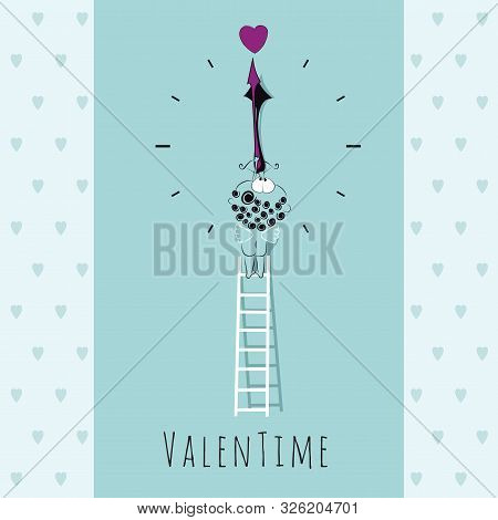 Cute Little Cupid Stays On The Ladder And Aims The Arrow On The Heart. Its Valentines Time. Valentim