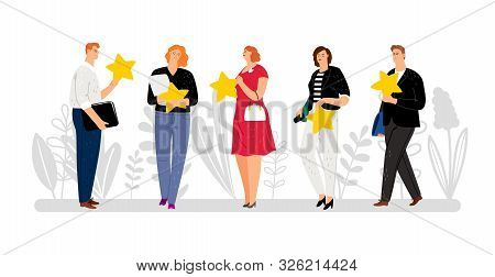 Customer Reviews, Feedback, Five Stars Raiting. Flat People With Golden Stars Vector Illustration, R